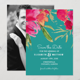 spara datumet. Turquise Fuchsia Blommigt Cards Inbjudningar