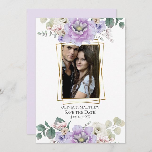 spara datumet | Watercolor Lavender Peony Blommigt Inbjudningar (Fram/baksida)