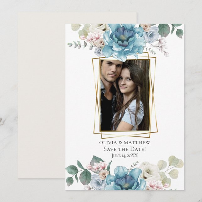 Spara datumet | Watercolor Teal Peony Flowers Inbjudningar (Fram/baksida)