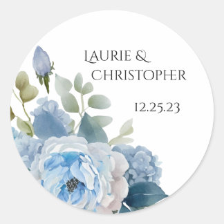 Spara datumetikett, blå blommig design runt klistermärke