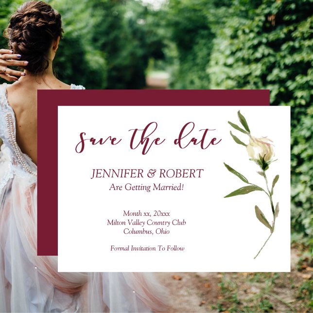 Spara datumfärgen på Vit ros-tranberry Inbjudningar (Save The Date Watercolor White Rose Cranberry Invitation)