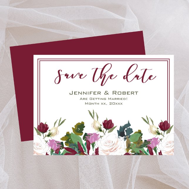 Spara datumfärgen på Vit ros-tranberry Inbjudningar (Save The Date Watercolor White Roses Cranberry Invitation)