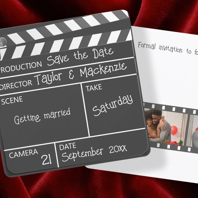 Spara datumfilmklipp Bröllop Inbjudningar (Save the Date Movie Clapperboard Wedding Invitation by Ricaso Announce your wedding ideal for actors)