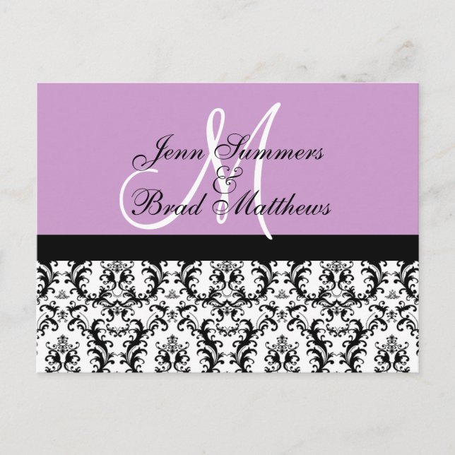 Spara datumfiltret Lilac Monogram Damask Card Meddelande Vykort (Framsida)