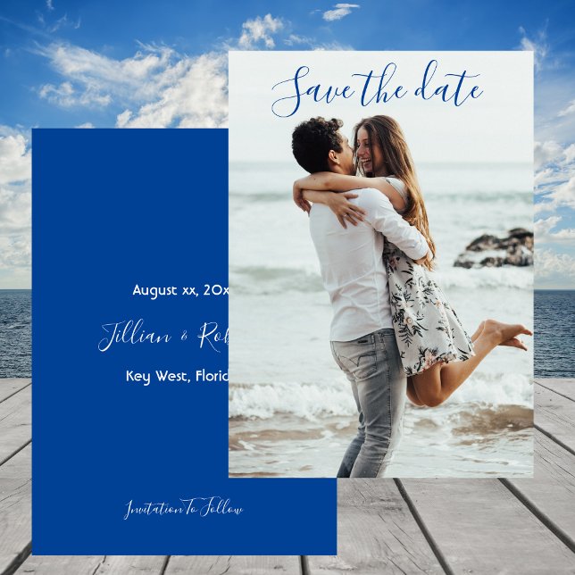 Spara datumfoto Bröllop-meddelande blått Inbjudningar (Save The Date Photo Wedding Announcement Blue)