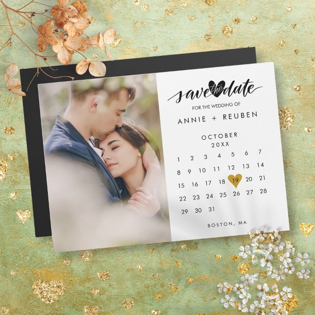 Spara datumfoto för Guld Heart-kalendern (Save the Date Gold Heart Calendar Photo Magnetic)
