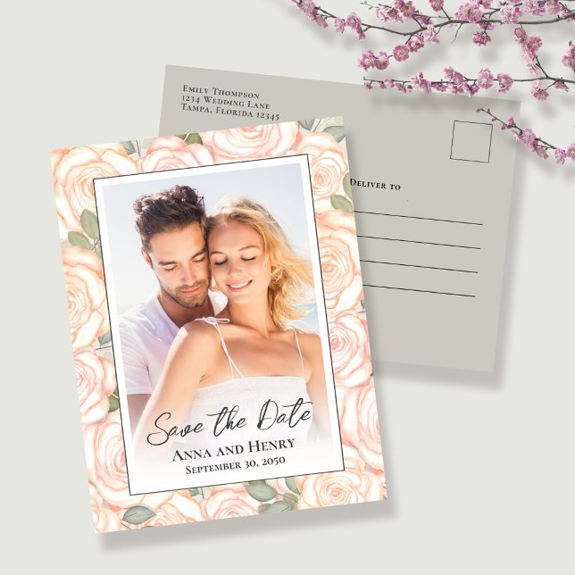 Spara datumfoto i Elegant bröllop Vykort (Blush pink save the date photo postcard.)