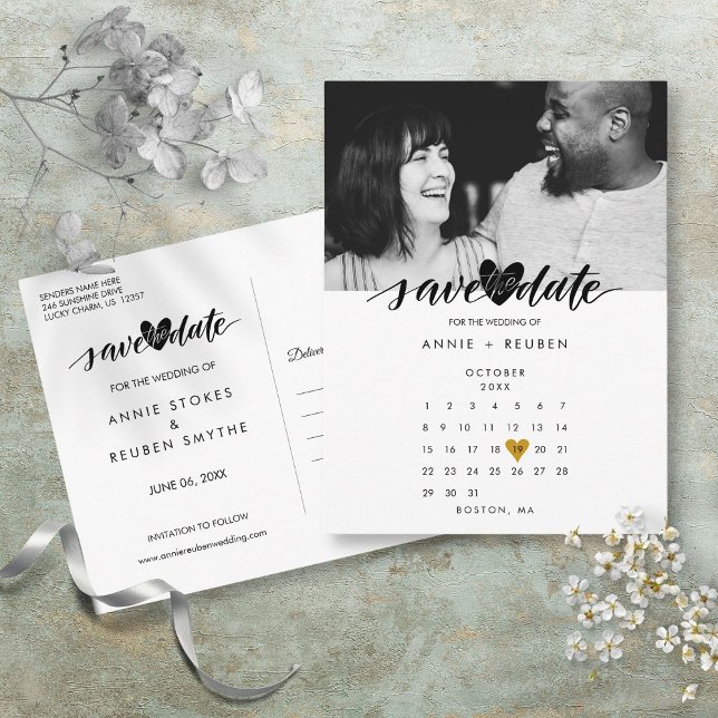 Spara datumfoto i kärlek Heart-kalendern Vykort (Love Heart Calendar Save the Date Photo Postcard)