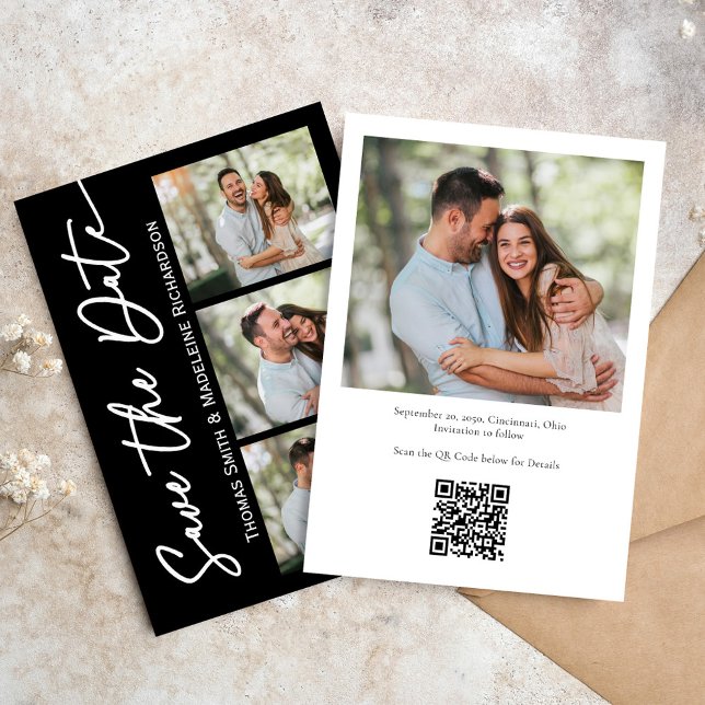 Spara datumfoto med Bröllop, modernt, minimalistis Inbjudningar (Save the date photo collage template with black and white typography. )