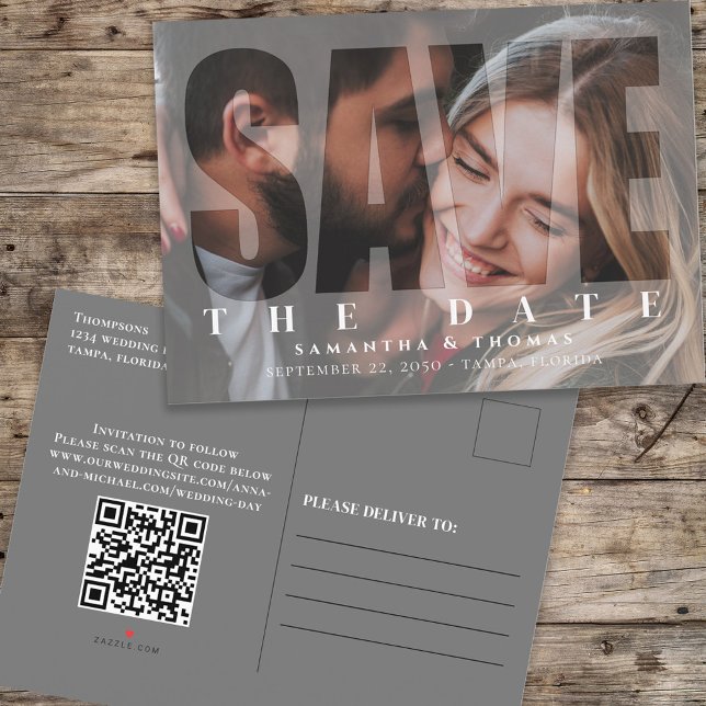 Spara datumfoto QR-kodmodern typografi Meddelande Vykort (Skapare uppladdad)