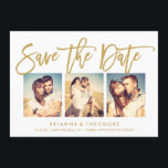 Spara datumfotomaket med chic hand spara datumet<br><div class="desc">Den här eleganten och det moderna 3-fotosparandet har ett vackert penselskriptteckensnitt i guld. Besök butiken för att se resten av samlingen från Chicen Typography Guld Suite.</div>