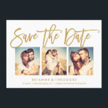 Spara datumfotomaket med chic hand spara datumet<br><div class="desc">Den här eleganten och det moderna 3-fotosparandet har ett vackert penselskriptteckensnitt i guld. Besök butiken för att se resten av samlingen från Chicen Typography Guld Suite.</div>