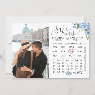 Spara datumfotomalenderns blå blommigt bröllop inbjudningar