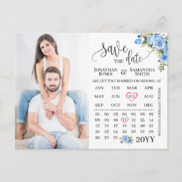 Spara datumfotomalenderns blå blommigt bröllop vykort