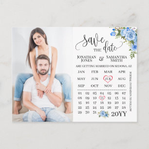 Spara datumfotomalenderns blå blommigt bröllop vykort