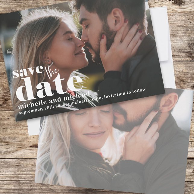 Spara datumfotomallen Bröllop Datumet (A double-sided photo wedding save the date card.)