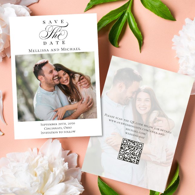 Spara datumfotoskriptet Bröllop Datumet (Save the date photo card with a scannable QR code with calligraphy script. )