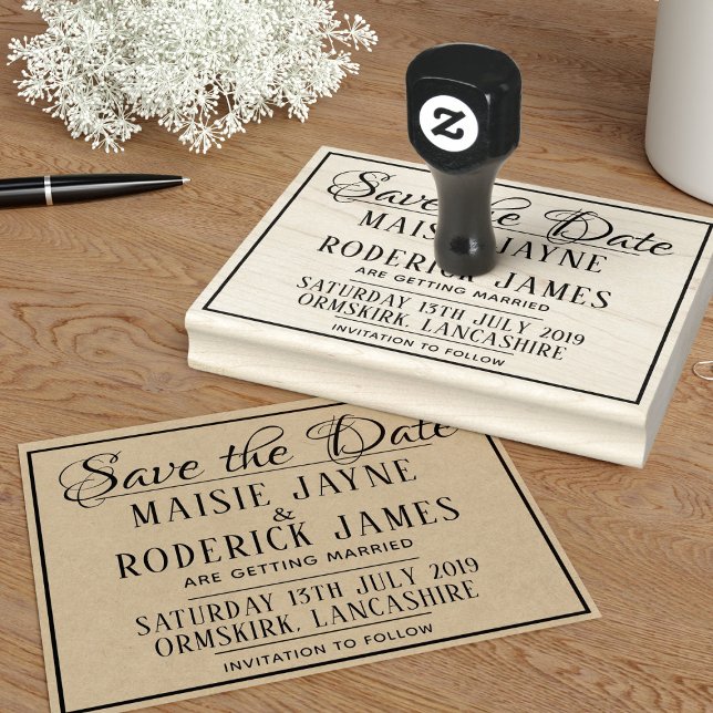 Spara datumgummi Frimärke i Bröllop Stämpel (Add your details to this framed Save the Date rubber stamp and get stamp happy!)