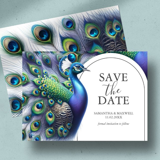 Spara datuminbjudan för vattenfärgsblock datumet (Save the date card with watercolor peacock and feathers in shades of royal blue, green and purple)
