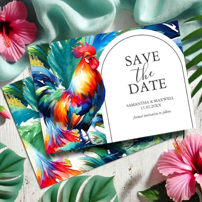 Spara datuminbjudan i Tupp med vattenfärg Spara Datumet (Save the date invitations destination wedding tropical rooster art by Victoria Grigaliunas)