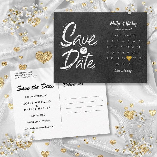 Spara datumkalender Guld Heart-kalkylpanel Vykort (Save the Date Calendar Gold Heart Chalkboard Postcard)