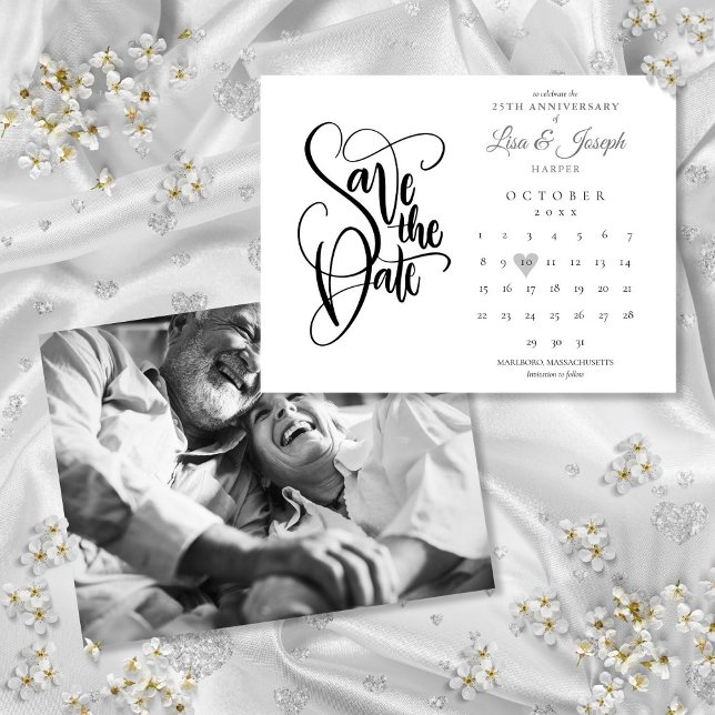 Spara datumkalenderfoto på 25-årsdagen vykort (25th Anniversary Save the Date Calendar Photo Postcard)