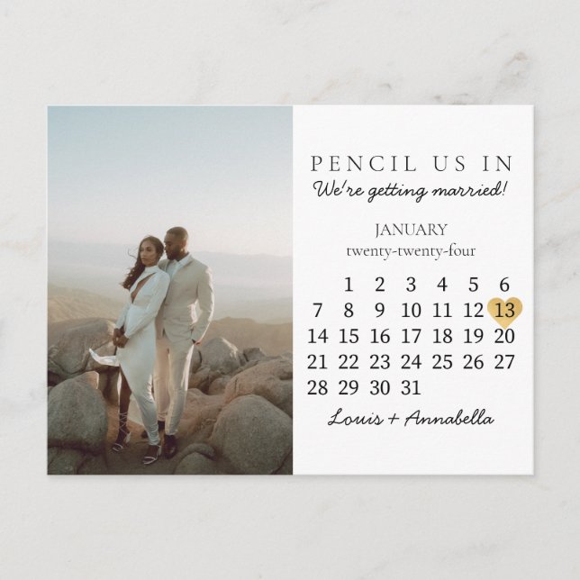 Spara datumkalenderhjärtat januari 2024 månad vykort (Framsida)