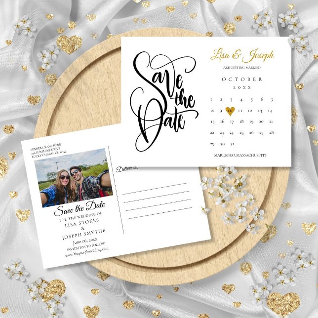 Spara datumkalendern Guld Kärlek Heart Photo Meddelande Vykort (Save the Date Calendar Gold Love Heart Photo Announcement Postcard)