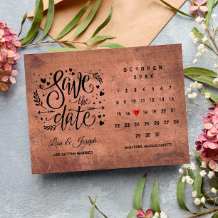 Spara datumkalendern Red Kärlek Heart Rustic Wood Vykort