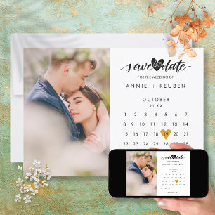 Spara datumkalenderns Elegant Guld Heart Photo Inbjudningar