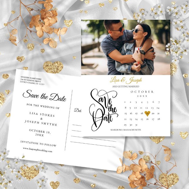 Spara datumkalenderns Heart-foto i Guld Meddelande Vykort (Save the Date Calendar Gold Heart Photo Announcement Postcard)