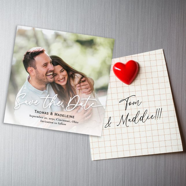 Spara datumkalligrafiskript fotomagnetisk (Wedding save the date photo magnetic card. with simple elegant style. )