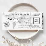 Spara datumkartan över boardingpass i Biljett Spara Datumet<br><div class="desc">Inbjudan till ombordstigningskort bröllop spara datum biljett med en världskarta över folier för elegant silver,  kompass,  flygplan och en personlig textmall.</div>