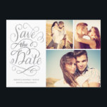 Spara datumkollage för Silver Faux-olja Spara Datumet<br><div class="desc">Det här sparar datumet då fotokortet har en 3-fotokollage,  roterteckningar med snabb skrift och metallfolie faux silver. Besök vår designerbutik för att se mer!</div>