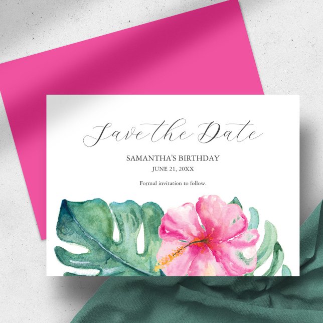 Spara datumkort på den tropiska födelsedagen spara datumet (Birthday save the date pink hibiscus flower and monstera palm leaves watercolor )