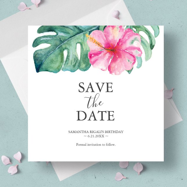 Spara datumkort på den tropiska födelsedagen spara datumet (Birthday save the date cards features tropical watercolor art by Victoria Grigaliunas)