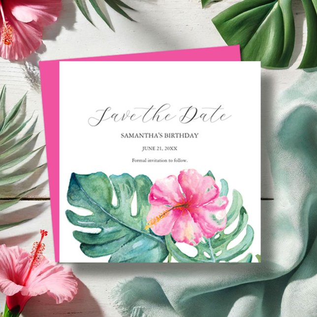 Spara datumkort på den tropiska födelsedagen spara datumet (Tropical sweet 16 Birthday party save the date card watercolor pink floral art Victoria Grigaliunas)