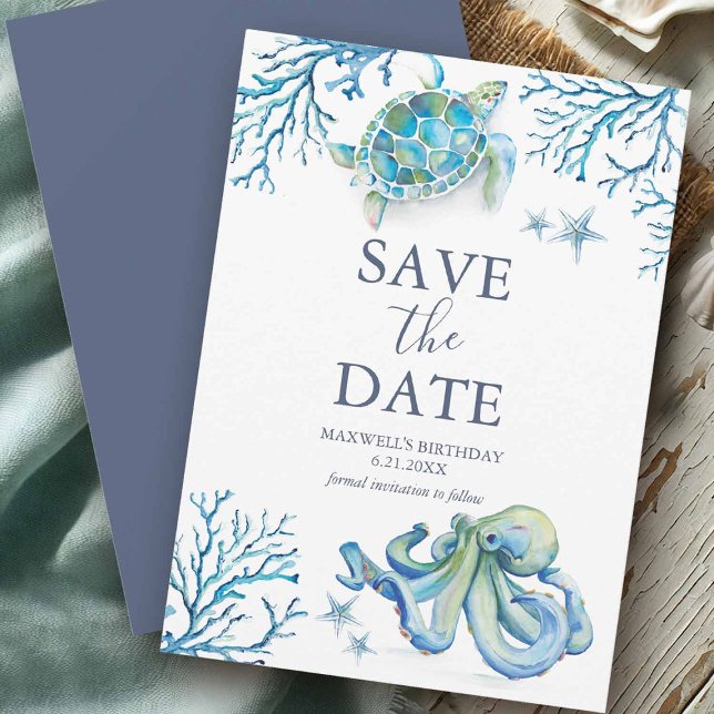 Spara datumkort under havet vid födelsedag datumet (Under the sea birthday save the date card with hand painted sea life art by Victoria Grigaliunas)