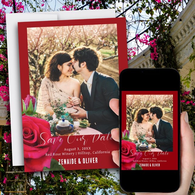 Spara datumkortet för foto-plattan i Röd ros Spara Datumet (Skapare uppladdad)