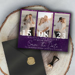 Spara datumkortet för lila Sparkly Photo Collage<br><div class="desc">Underbar chic och modern Spara datumkorten för bröllop. Spara datumkortets kom med anpassadets fotokollage stil om paret och extra på baksidan. Bröllop-korten är lätta att anpassade och har en låg budget.</div>