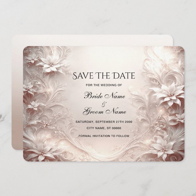 Spara datumkortet för vit ivoriansk Blommigt Spara Datumet (Fram/baksida)