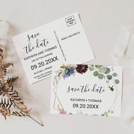 Spara datumkortet i Burgundy Blommigt och Greenery Vykort