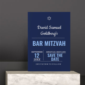 Spara datumkortet i den blå moderna Pub Mitzvah Inbjudningar