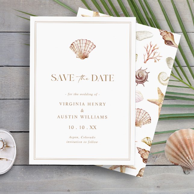 Spara datumkortet i ett format spara datumet (Elegant Seashell Watercolor Beach Flat Save The Date Card by Painted Paperie
)
