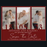 Spara datumkortet i Modern Burgundy Photo Collage Reklamblad<br><div class="desc">Underbar chic och modern Spara datumkorten för bröllop. Spara datumkortets kom med anpassadets fotokollage stil om paret och extra på baksidan. Bröllop-korten är lätta att anpassade och har en låg budget.</div>