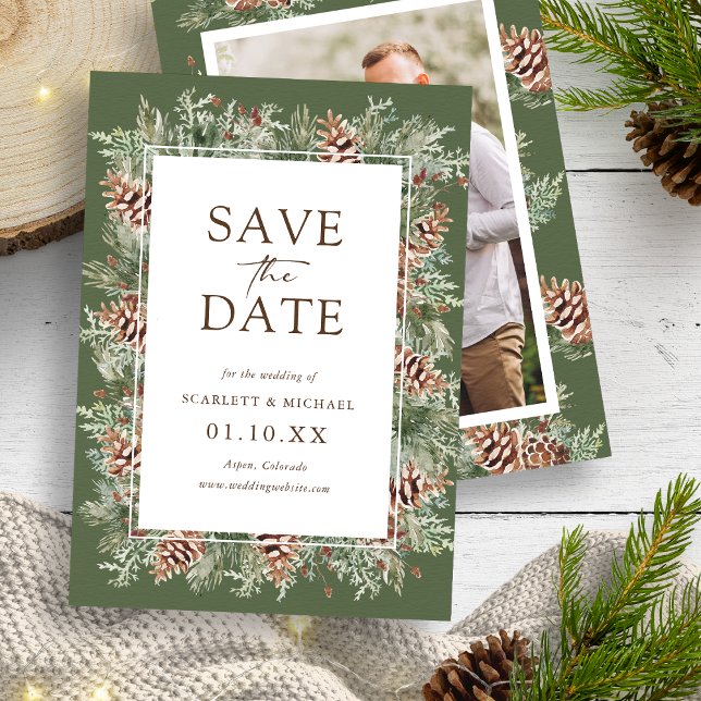 Spara datumkortet i Photo Grönt Spara Datumet (Photo Hunter Green Watercolor Pine 
Evergreen Save The Date Card by Painted Paperie
)