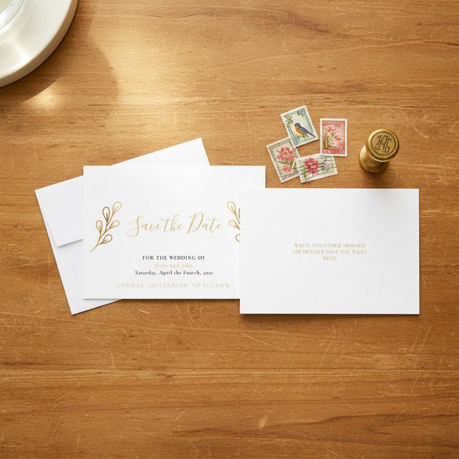 Spara datumkortet med hjälp av pipetter för guld-e datumet (Gold effect petals save the date card.)