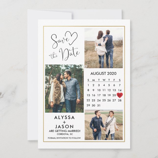 Spara datumkortet med kalender i Romantik-fotot Inbjudningar (Framsida)