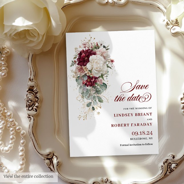 Spara datumkortet med Watercolor Boho Burgundy Ro Inbjudningar (Watercolor Boho Burgundy Rose Save The Date Card)