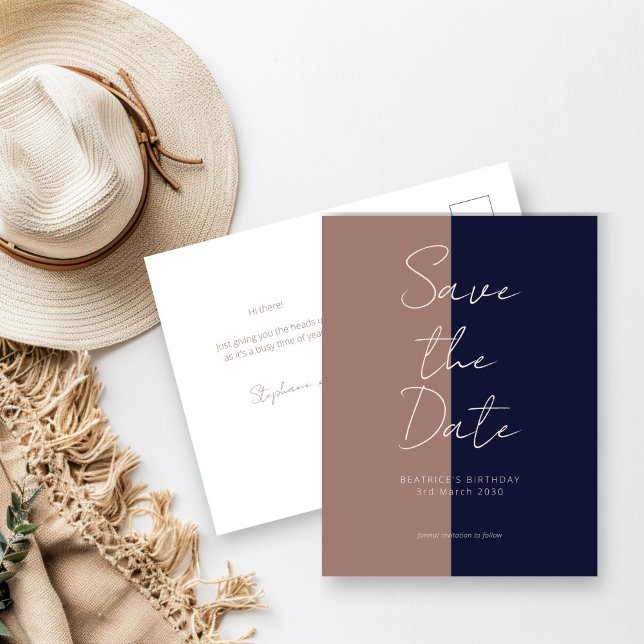 Spara datumkortet Mocha & flottan på födelsedagen Meddelande Vykort (Mocha and Navy Save the Date Card)